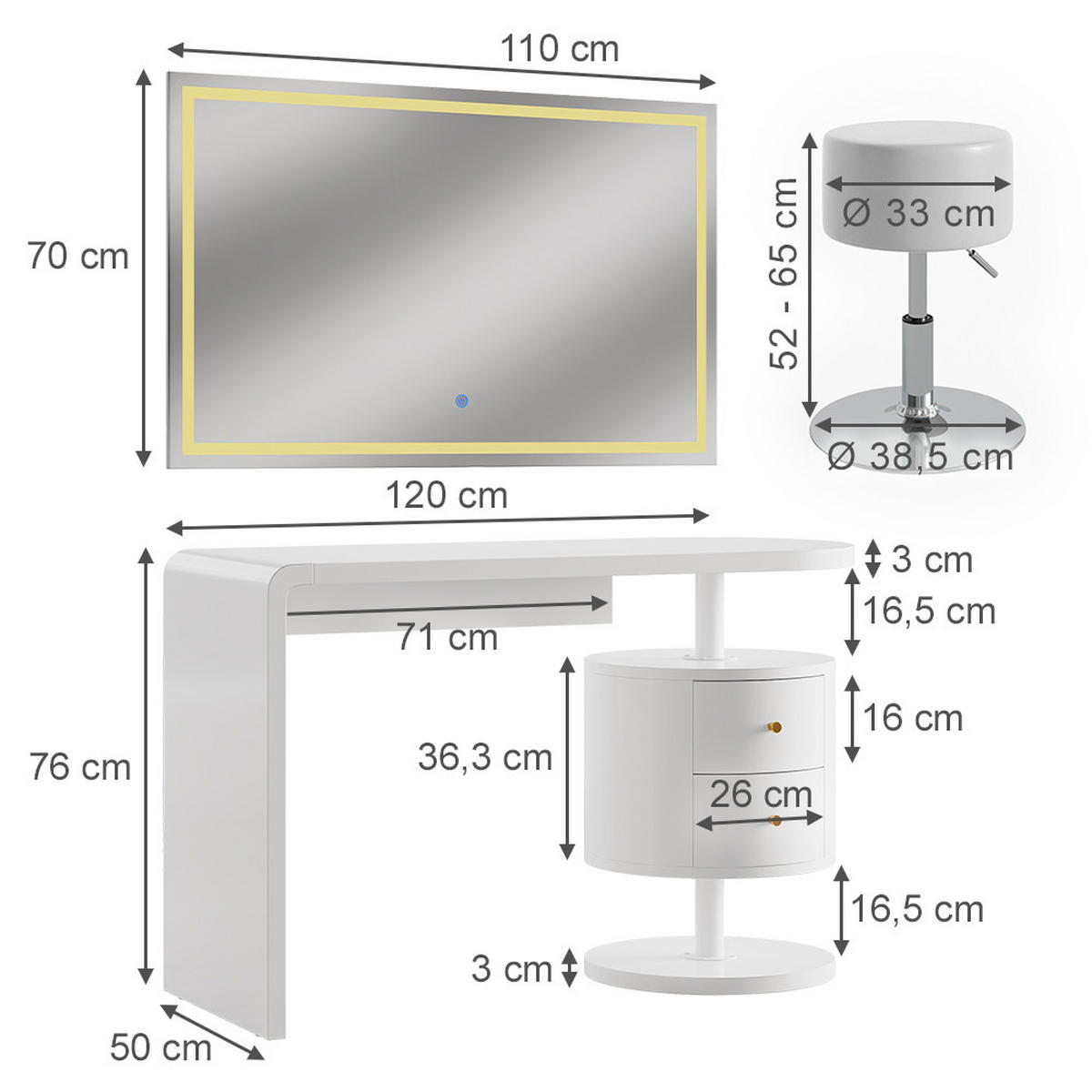 SCHMINKTISCH Lara Weiß 120 cm mit LED-Spiegel und Hocker - Weiß, Holzwerkstoff (120/76/50cm) - Vicco