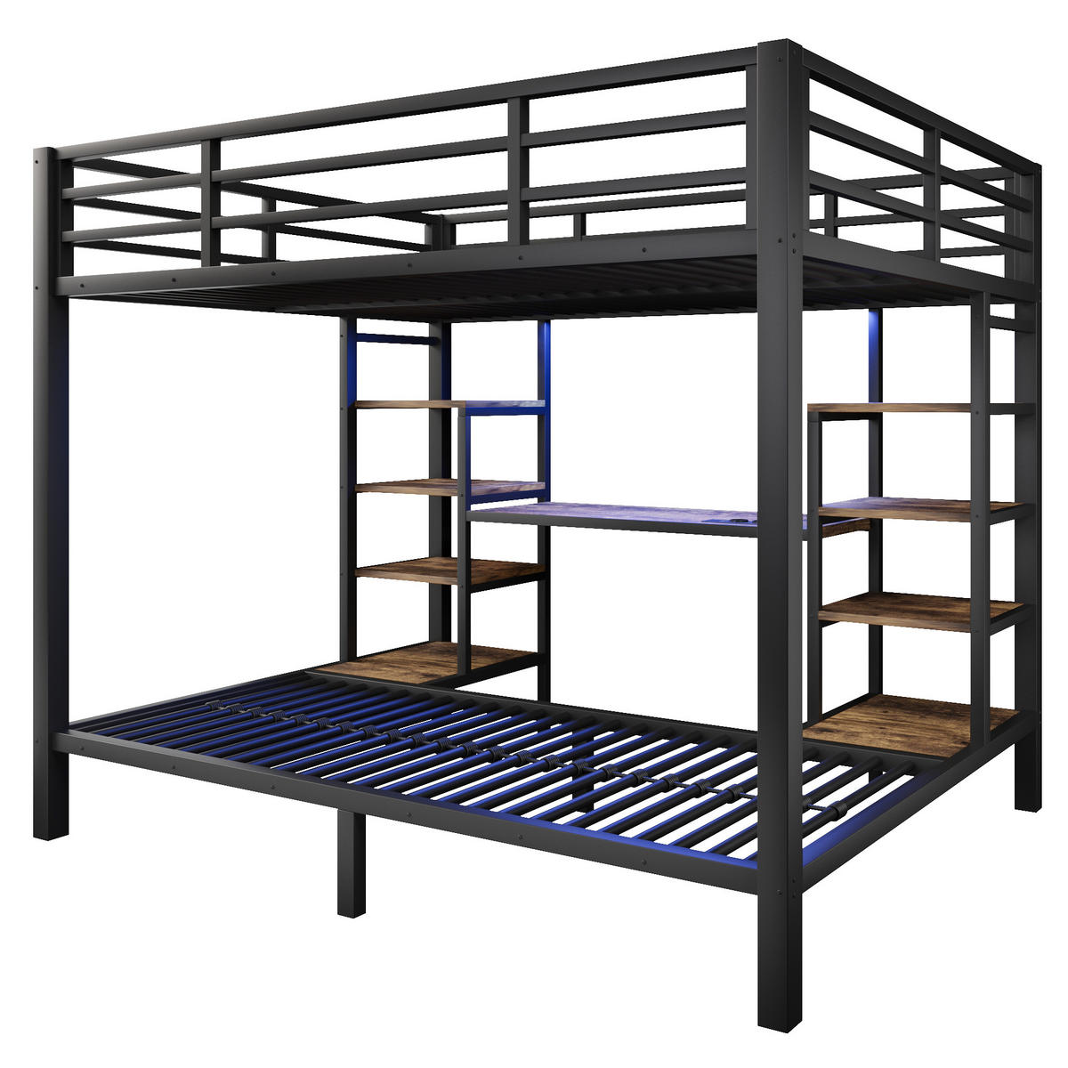ETAGENBETT 90/200 cm + 140/200 cm Schwarz, Metallgestell mit Stauraum und LED-Beleuchtung - Schwarz, Metall