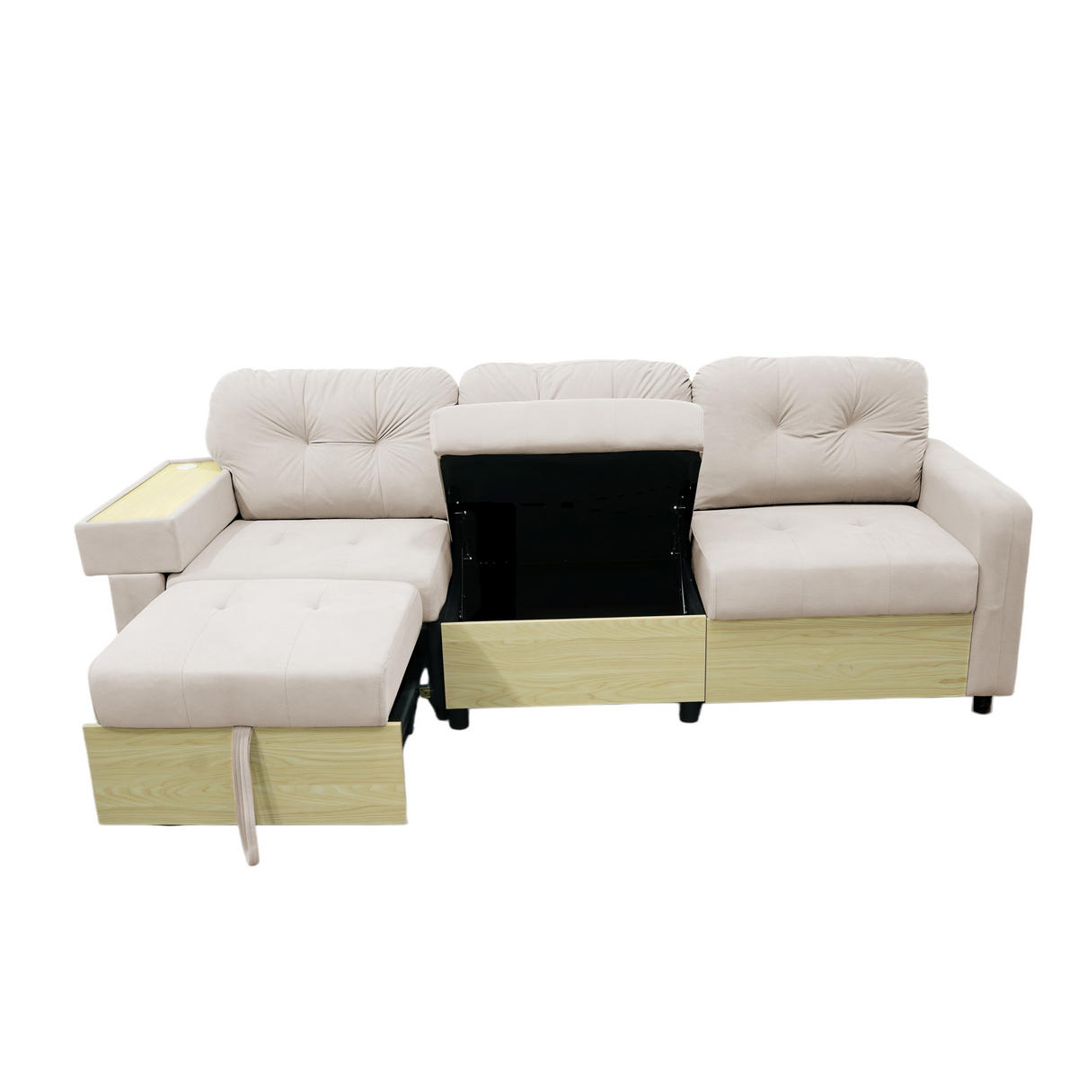ECKSOFA 228/80/78 cm aus Samt mit Ottomane, USB-Anschluss und Stauraum Beige - Beige, Textil (80/228cm) - Modenvie