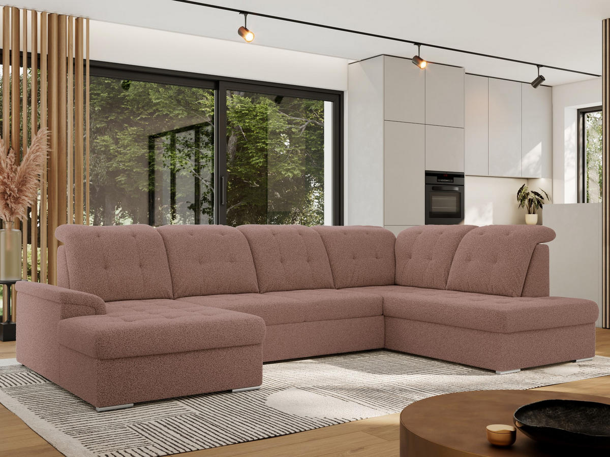 WOHNLANDSCHAFT MADRITO U - Rosa Boucle - Rechts - Silberfarben/Rosa, Textil/Metall (323/89/204cm) - MKS