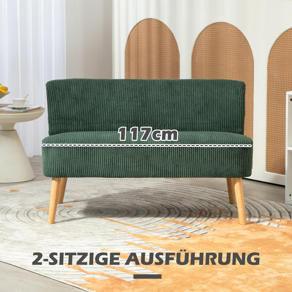 2 Sitzer Sofa, Gepolsterte Couch mit Kordoptik, Holzbeine für Wohnzimmer, Grün - Naturfarben/Grün, Holz/Textil (56.5/77/117cm) - HOMCOM