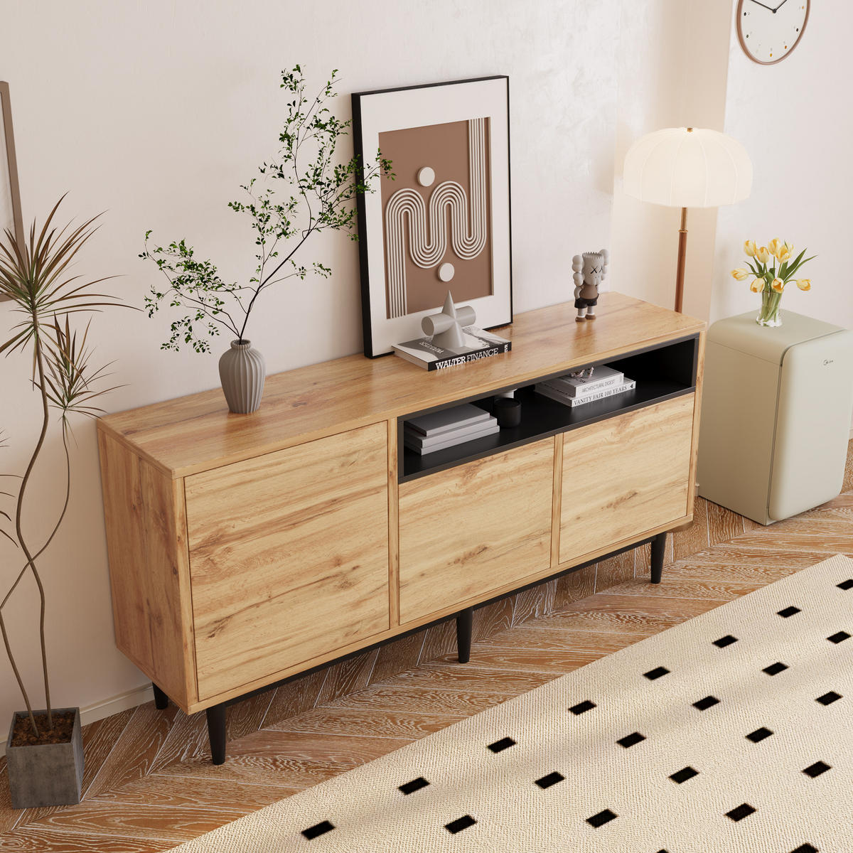 SIDEBOARD aus MDF mit 3 Türen und verstellbaren Einlegeböden, 160/35/76 cm, Schwarz und Natur - Naturfarben, Holzwerkstoff (160/76/35cm) - Redom