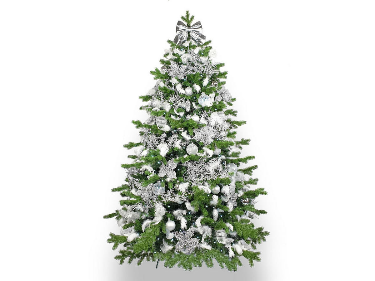 LAALU WEIHNACHTSBAUM geschmückt künstlich mit 93 Stk Kugeln KING OF WINTER 180 cm mit Metallständer - Silberfarben/Weiß, Kunststoff (180cm) - LAALU