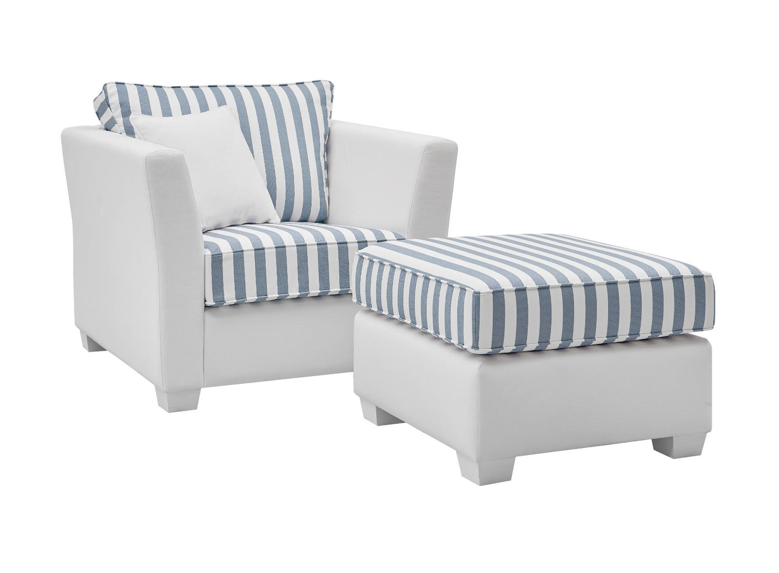 SESSEL creme blau gestreift, Landhaus 95 cm, Loungesessel Set inklusive Hocker - Blau/Creme, Holz/Textil (95/88/161cm) - Furn.Design