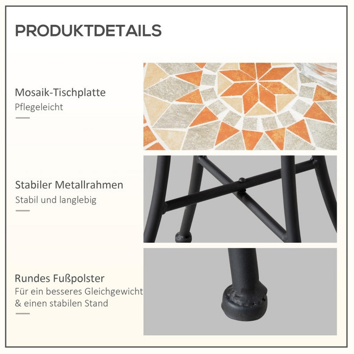 GARTENTISCH Rund 35.5x35.5x53.5 cm Schwarze mit Mosaik-Muster & Metallrahmen - Naturfarben, Metall (35.5/35.5/53.5cm) - Modfu