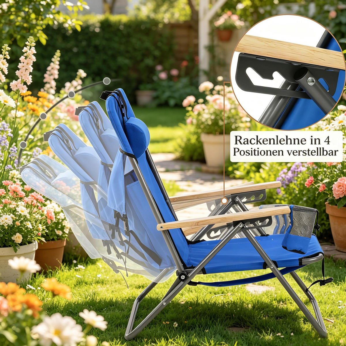 KLAPPBARER Campingstuhl 69/56/80 cm aus Oxfordstoff und Metall mit 4-fach verstellbarer Rückenlehne, Rucksackfunktion, Blau - Blau, Metall (56/57/98cm) - Redom
