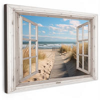 LEINWANDBILD Fenster - Meer - Küste - Natur - Ausblick - Strand - Wattenmeer Wanddeko 90x60 cm - Beige, Textil (90/60cm) - MuchoWow