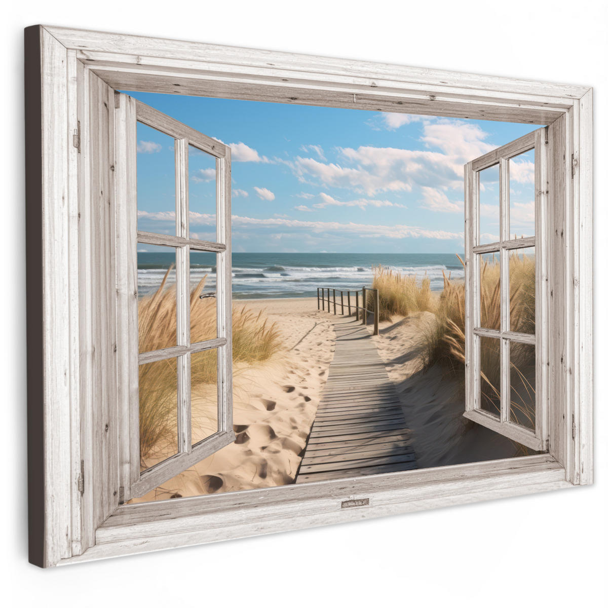 LEINWANDBILD Fenster - Meer - Küste - Natur - Ausblick - Strand - Wattenmeer Wanddeko 90x60 cm - Beige, Textil (90/60cm) - MuchoWow