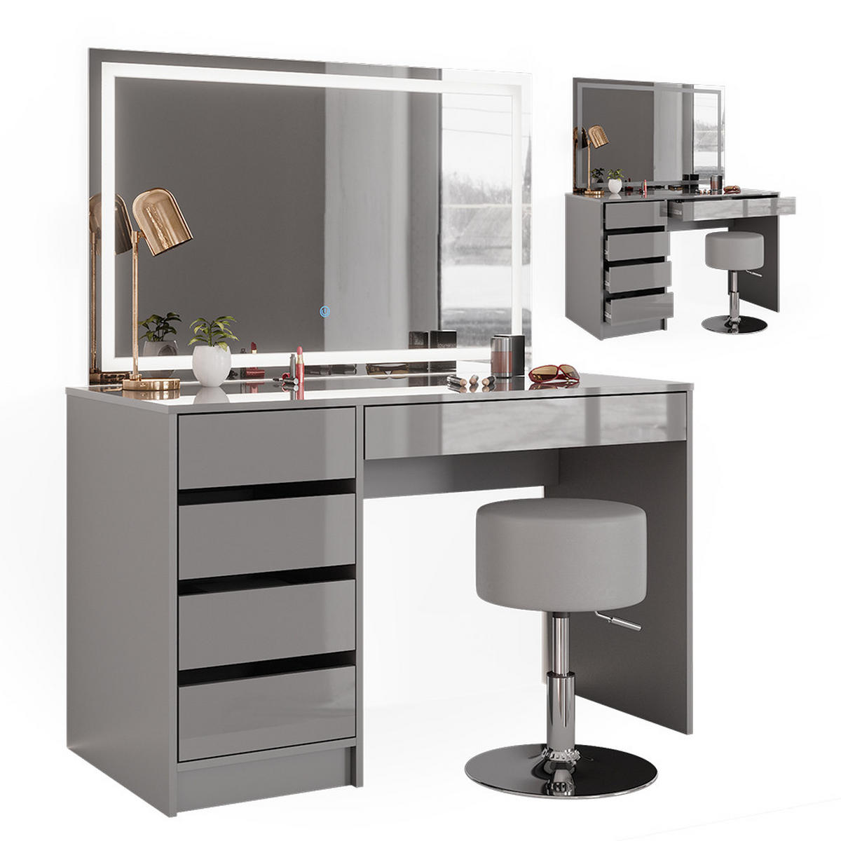 SCHMINKTISCH Sherry Grau 120 cm mit LED-Spiegel und Hocker - Grau, Holzwerkstoff (120/75/55cm) - Vicco