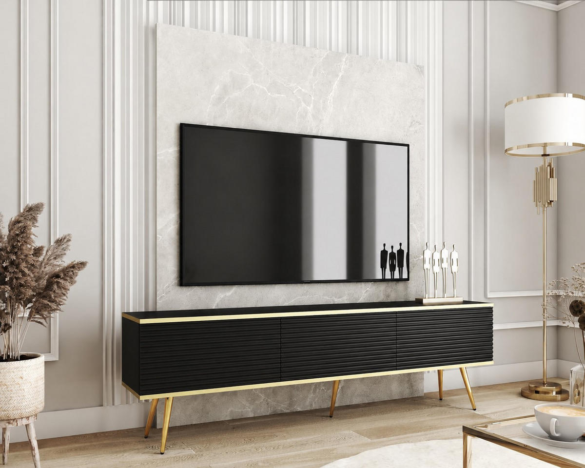 LOWBOARD TV BANFF RTV8-2D Goldene Metallbeine, geriffelte Fronten, Schwarz - Schwarz, Holzwerkstoff/Kunststoff (175/53/32cm) - Komodee