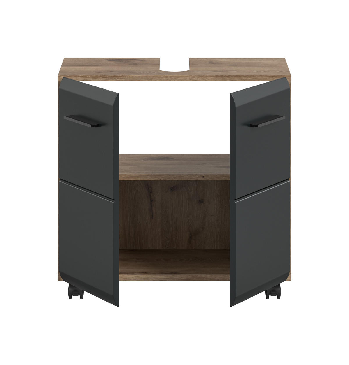 WASCHBECKENUNTERSCHRANK auf Rollen ICE (B/H/T: ca. 60/58/30 cm) in Nox Oak Nachbildung/schwarz matt - Eichefarben, Holzwerkstoff (60/58/30cm)
