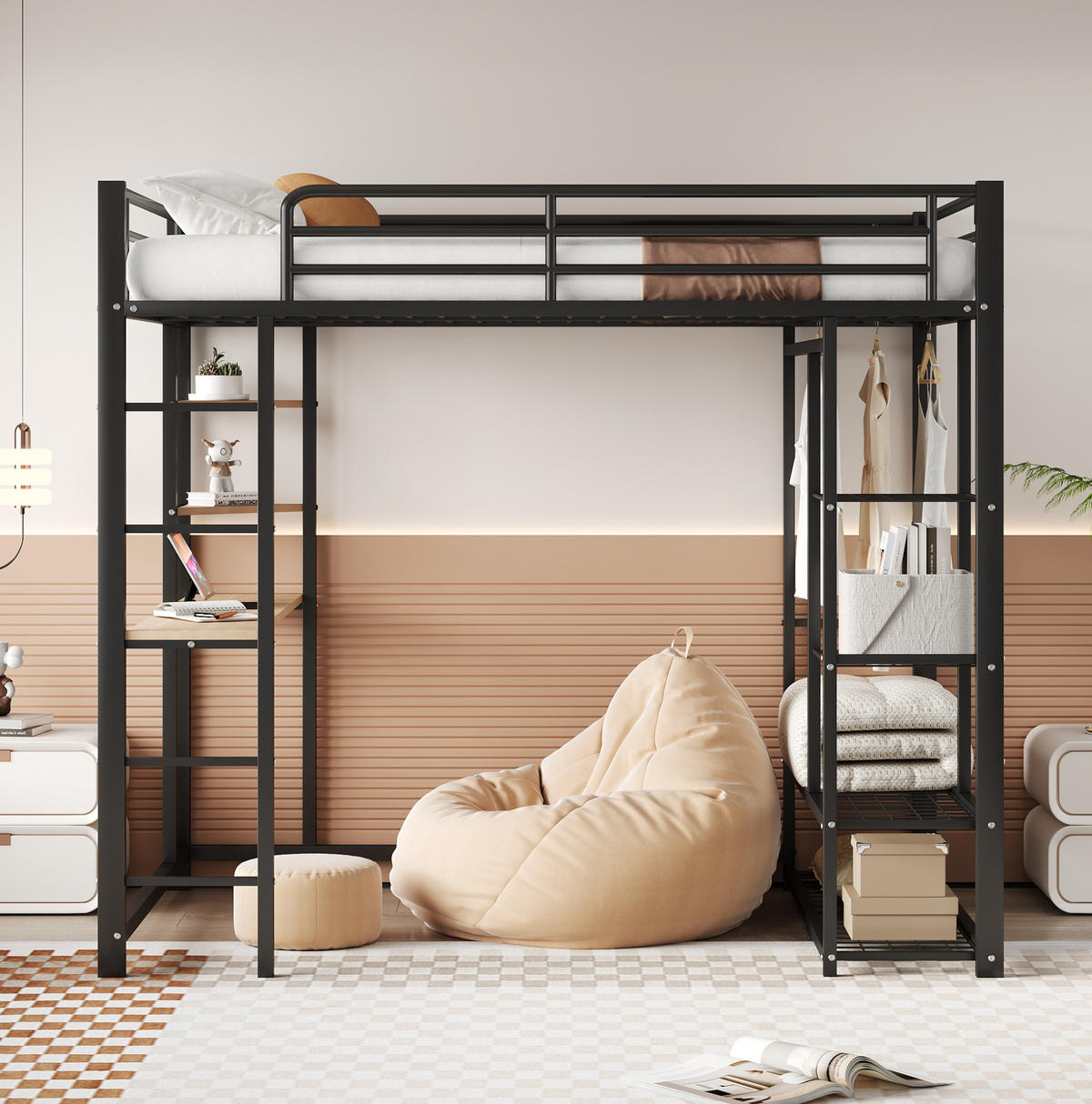 HOCHBETT 140/200 cm aus Metall mit Schreibtisch und Kleiderstange, Schwarz - Schwarz, Metall (140/200cm) - Flora Grace