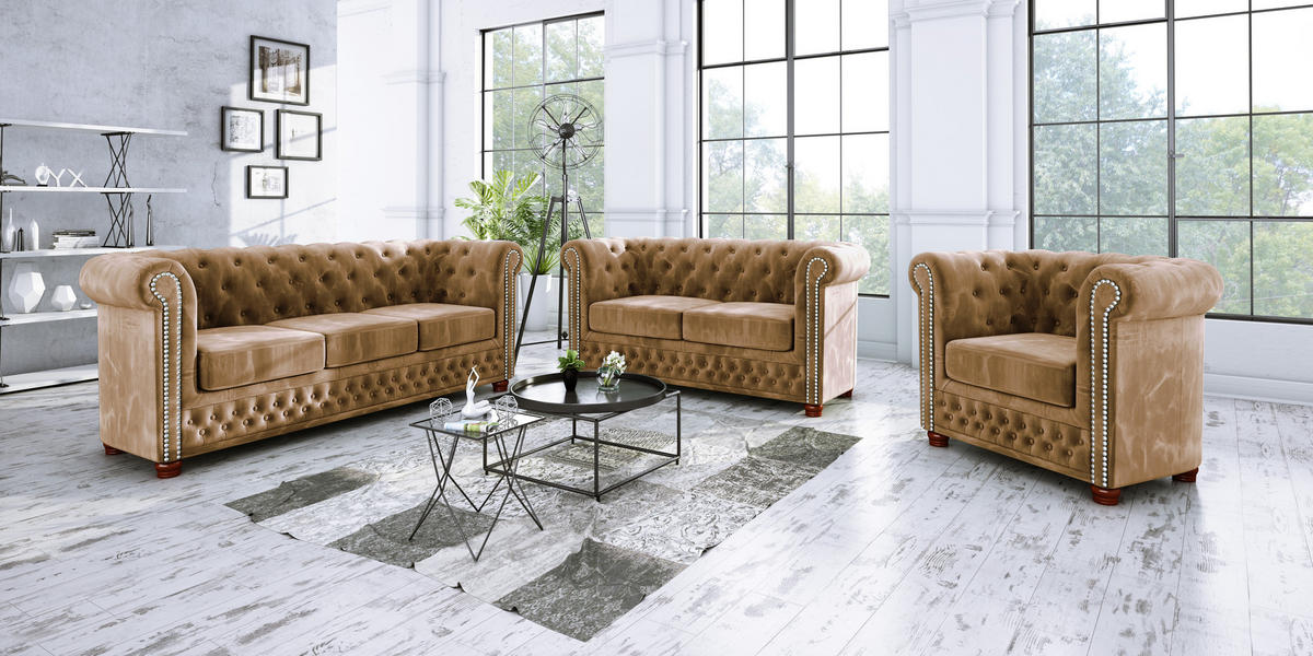 CHESTERFIELD-SOFA 3-sitzer Lauren Beige Samt - Beige/Braun, Holz/Textil (203/72/86cm) - S-Style Möbel