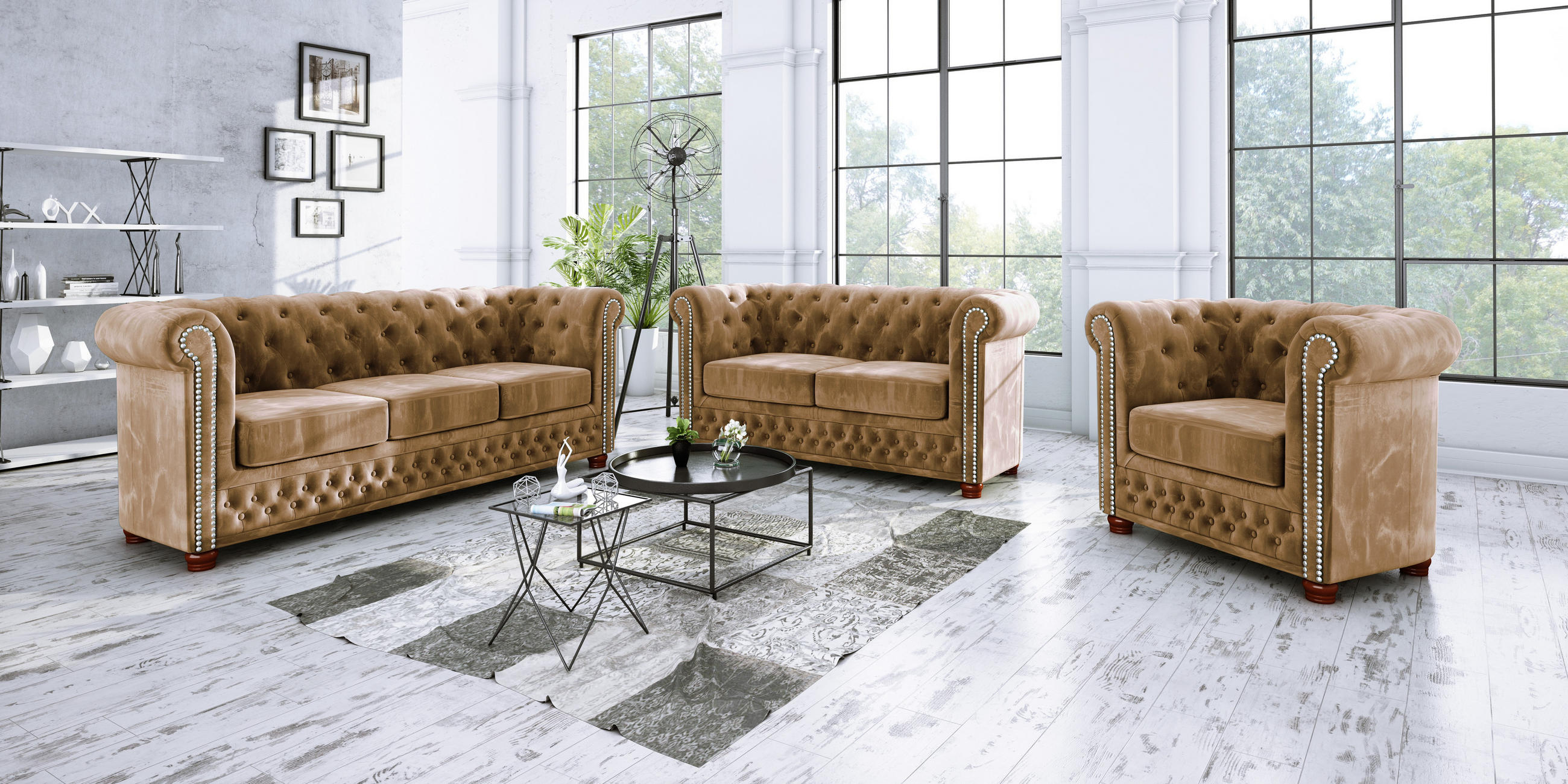Thumbnail - S-Style Möbel Chesterfield-Sessel, Beige, Textil, Echtholz,Buche, Birke, 1-Sitzer, Füllung: Polyetherschaumkern, 94x72x8...
