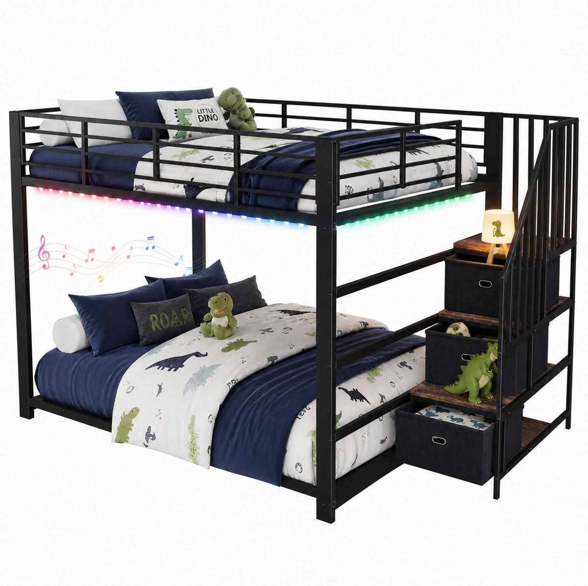 ETAGENBETT aus MDF und Metall 140x200 cm Schwarz mit Stauraumtreppe, LED-Lichtband und USB-Anschlüssen - Schwarz, Holzwerkstoff (140/200cm) - Modfu