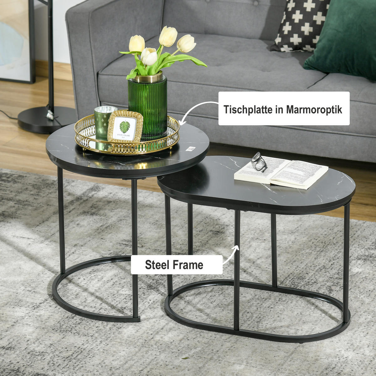COUCHTISCH Ø50/50.5 cm und 60/36/43.5 cm schwarz aus Stahl und MDF stapelbar - Schwarz, Metall (50/50/50.5cm) - OKMYHOME