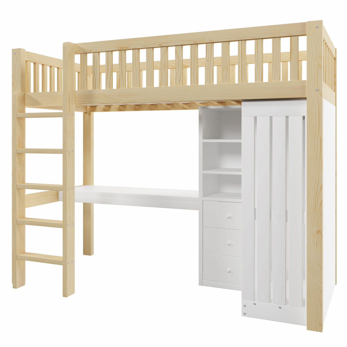 HOCHBETT 90/200 cm DE-04817, mit Schreibtisch, Kleiderschrank und 3 Schubladen in Natur - Naturfarben, Holz/Holzwerkstoff (90/200cm) - ComfortXL