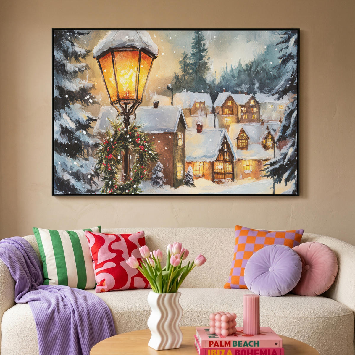 LEINWAND Bilder mit Rahmen - Weihnachtsdorf - Häuser - Schnee - Weihnachten - 150x100 - Sandfarben, Textil (150/100cm) - MuchoWow