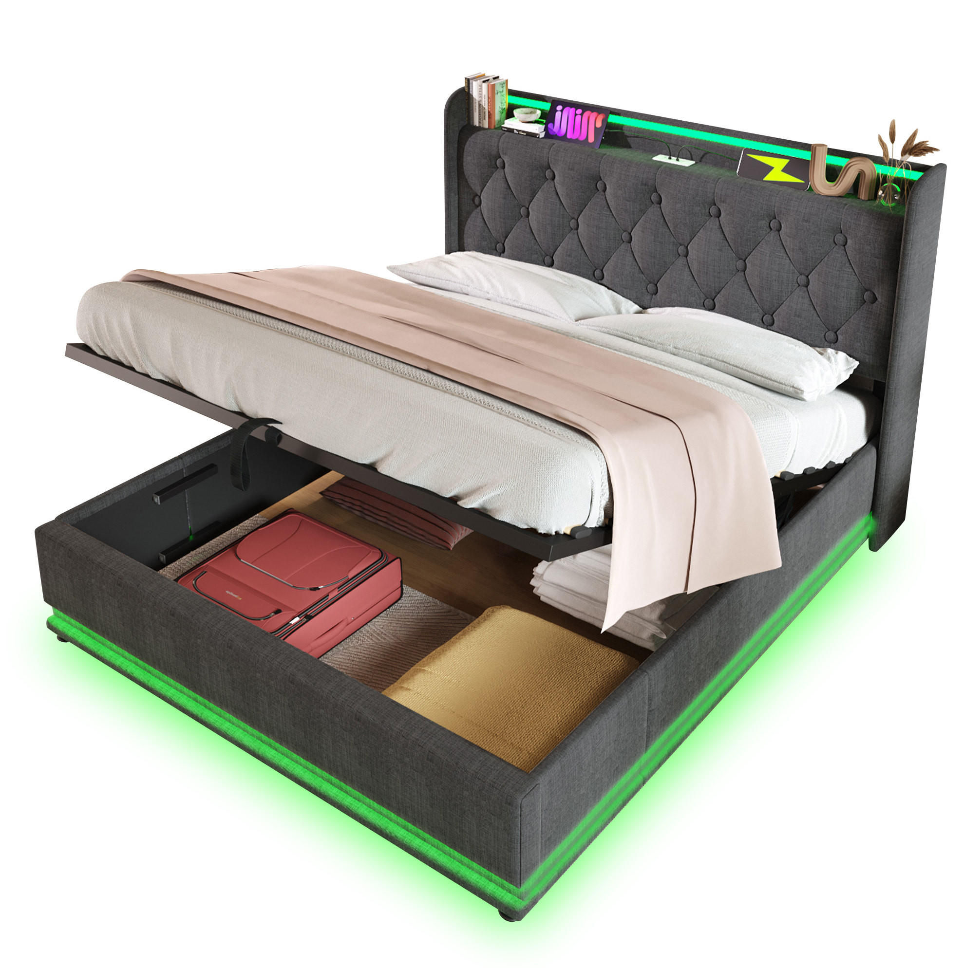 POLSTERBETT 160/200 cm Grau aus Leinen mit LED und Stauraum - Grau, Textil (160/200cm) - OKMYHOME