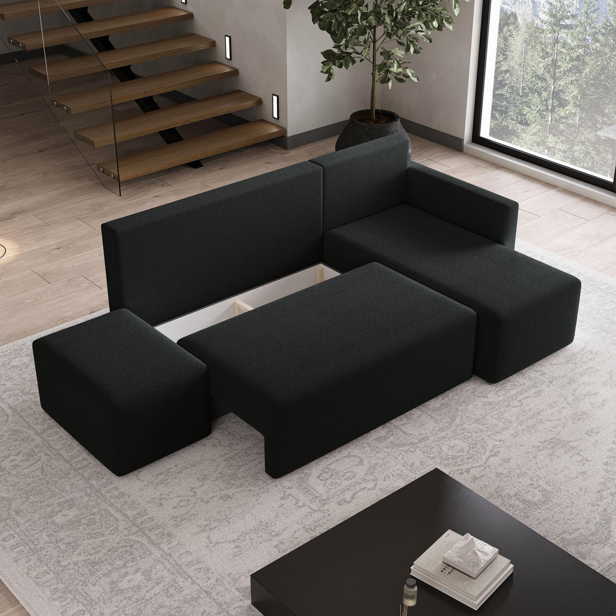 ECKSOFA VELOTTI R-S Schwarz Boucle-Stoff mit Schlaffunktion - Schwarz, Holz (261/143cm) - MASSENO