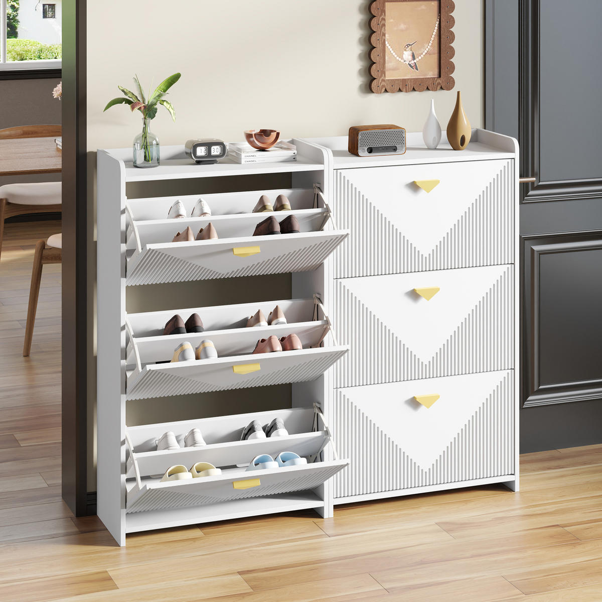 SCHUHSCHRANK 70/30/120 cm mit 3 Klappen in Weiß, platzsparend - Weiß, Holzwerkstoff (140/120/30cm) - BEAOK
