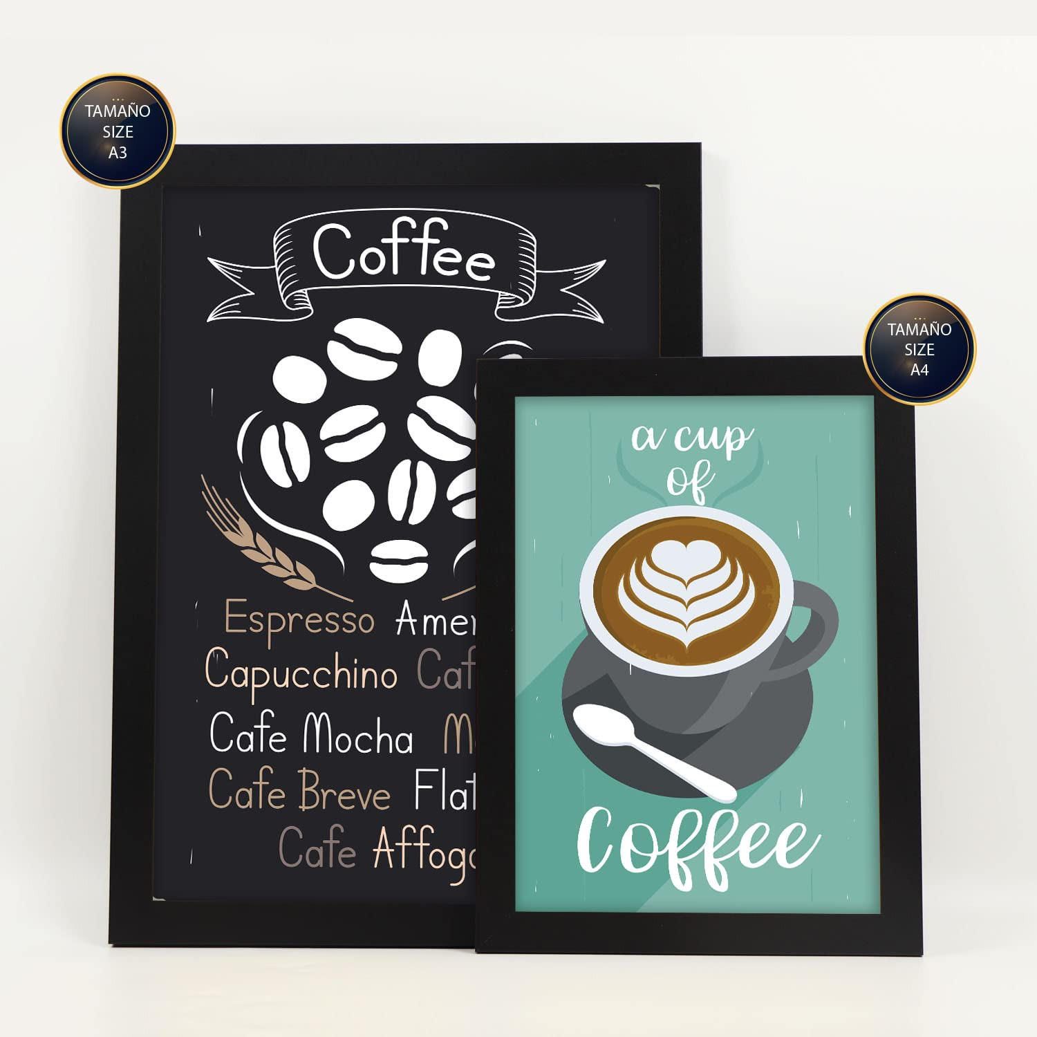 POSTER Set Mit 6 Kaffee Vollfarbige Illustrationen Von Kaffee & Getränken Im Werbetafel Illustrationen Für & Heim A3 & A4 Schwarzer Rahmen - Schwarz, Papier (29/3cm) - Nacnic