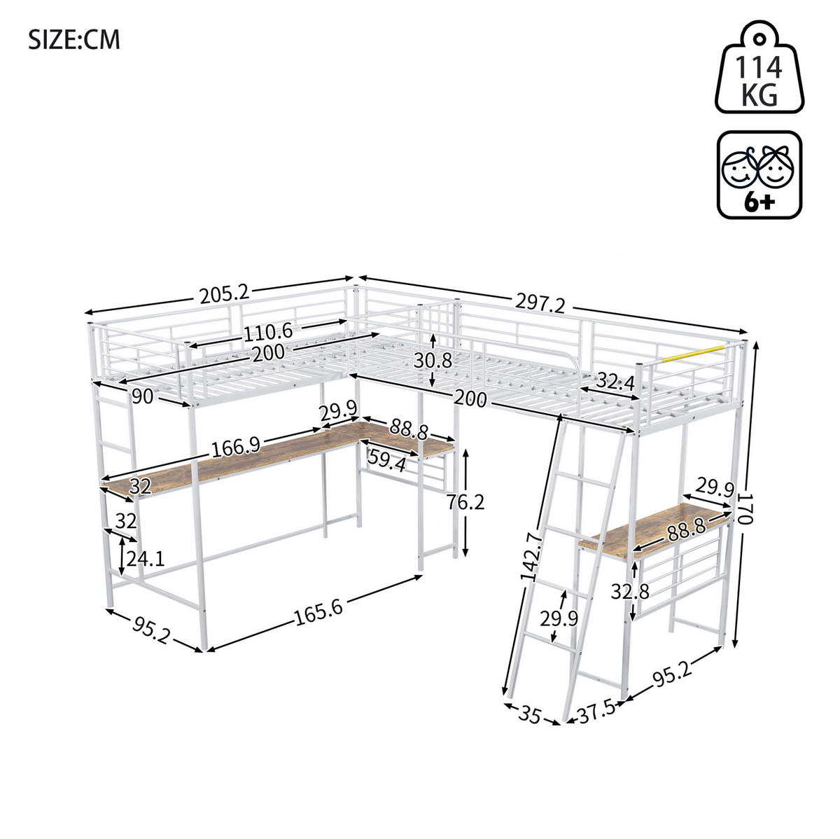HOCHBETT 90/200 cm Weiß mit Schreibtisch und Leiter - Weiß, Metall (90/200cm) - MIVRAY