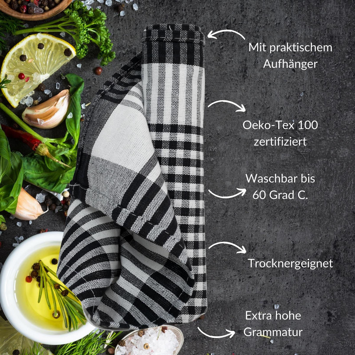 GESCHIRRTÜCHER 50x70 cm im 4er Set aus 100% Baumwolle, Küchentücher Schwarz Weiß - Weiß, Textil (50/70cm) - Carpe Sonno