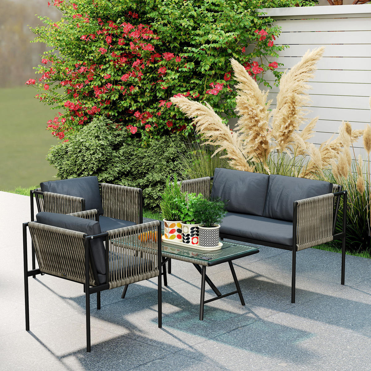 GARTENMÖBEL-SET DE-06725 4-teilig mit Glasplatte Grau - Grau, Kunststoff/Metall - ComfortXL