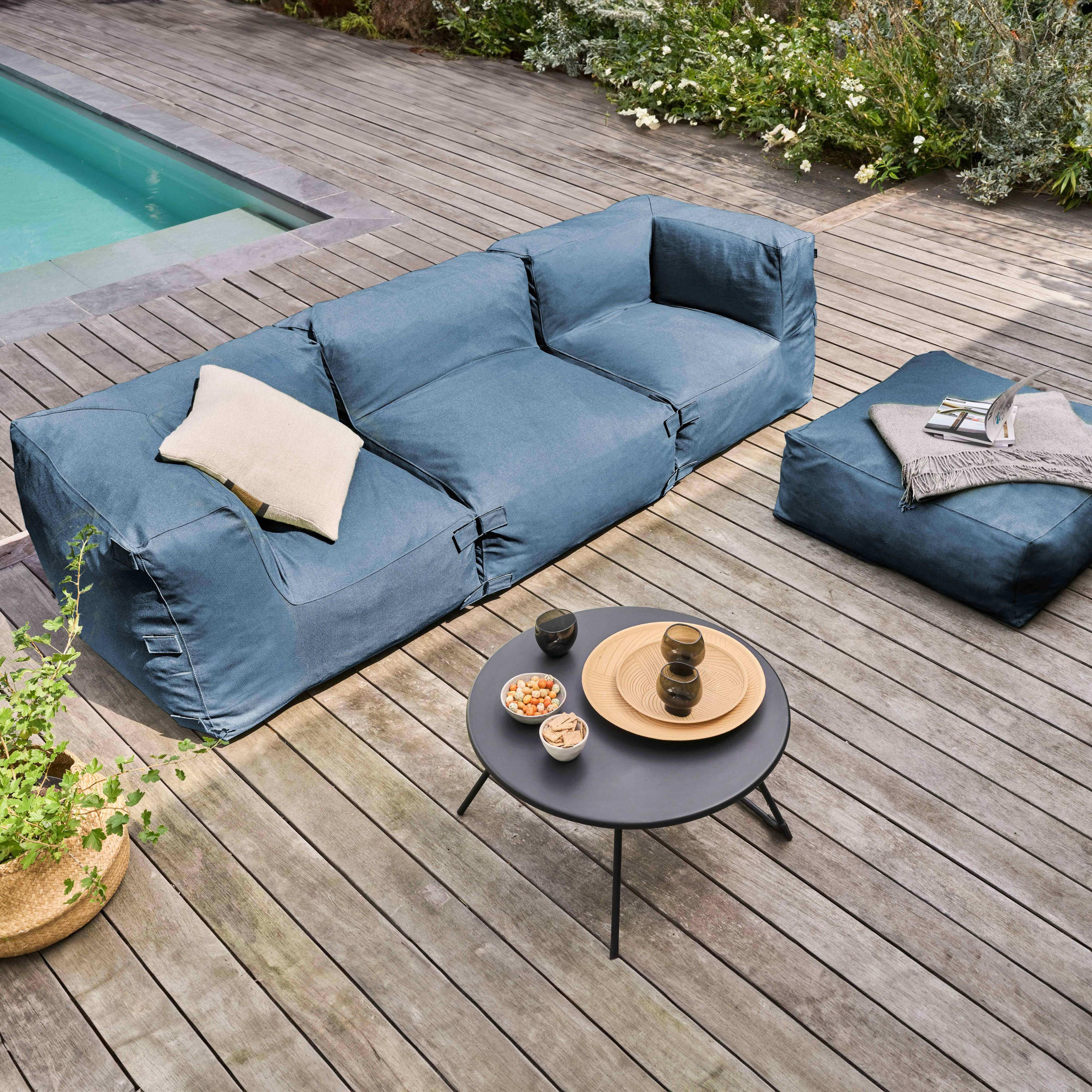 GARTENSOFA mit 4 Sitzplätzen, Pazifikblau - Blau, Textil (85/65/255cm) - Oviala