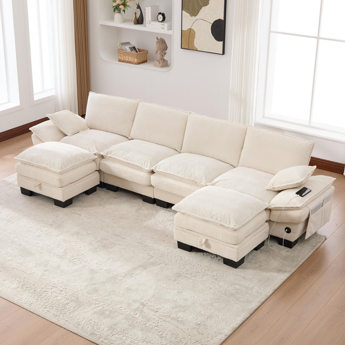 WOHNLANDSCHAFT Cord Beige mit USB-C, Seitentaschen und 2 Hockern - Beige, Holzwerkstoff/Kunststoff (330/84/132cm) - WISHDOR