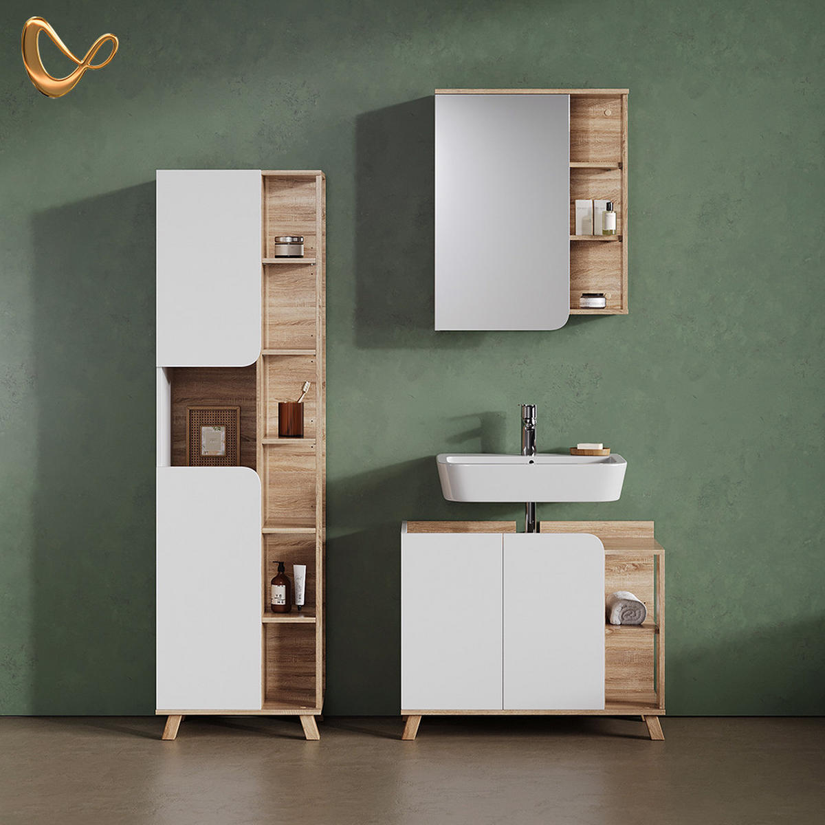 KOMPLET KOPALNIŠKEGA POHIŠTVA Marano, Sonoma/Bela, 3-delni - bela/hrast sonoma, leseni material (80/65/35cm) - Livinity®