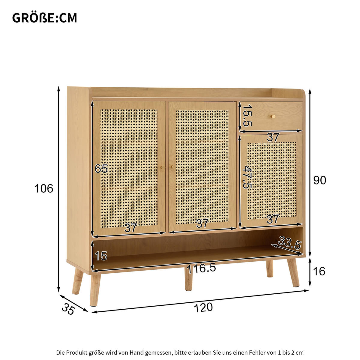 SCHUHSCHRANK Rattan mit 3 Türen Natural 120x35x106cm - Naturfarben, Holzwerkstoff (35/106/120cm) - FLIEKS