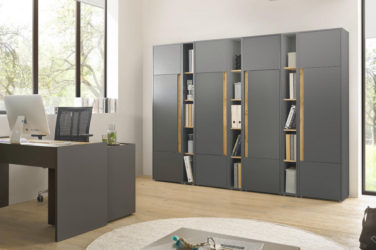 AKTENSCHRANK Set 2-teilig grau, Eiche Wotan 70 x 200 cm, Schrank-Regal-Kombination mit 5 Ordnerhöhen - Eiche Wotan/Schwarz, Holzwerkstoff/Kunststoff (70/200/40cm) - Furn.Design