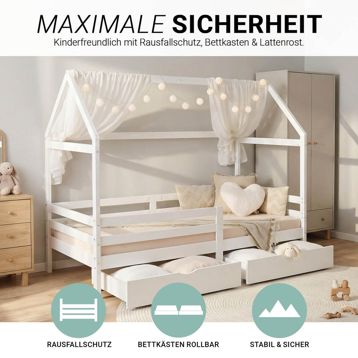 HAUSBETT 90/200 mit Rausfallschutz Weiß - Weiß, Holz (207/158/96cm) - Homestyle4u