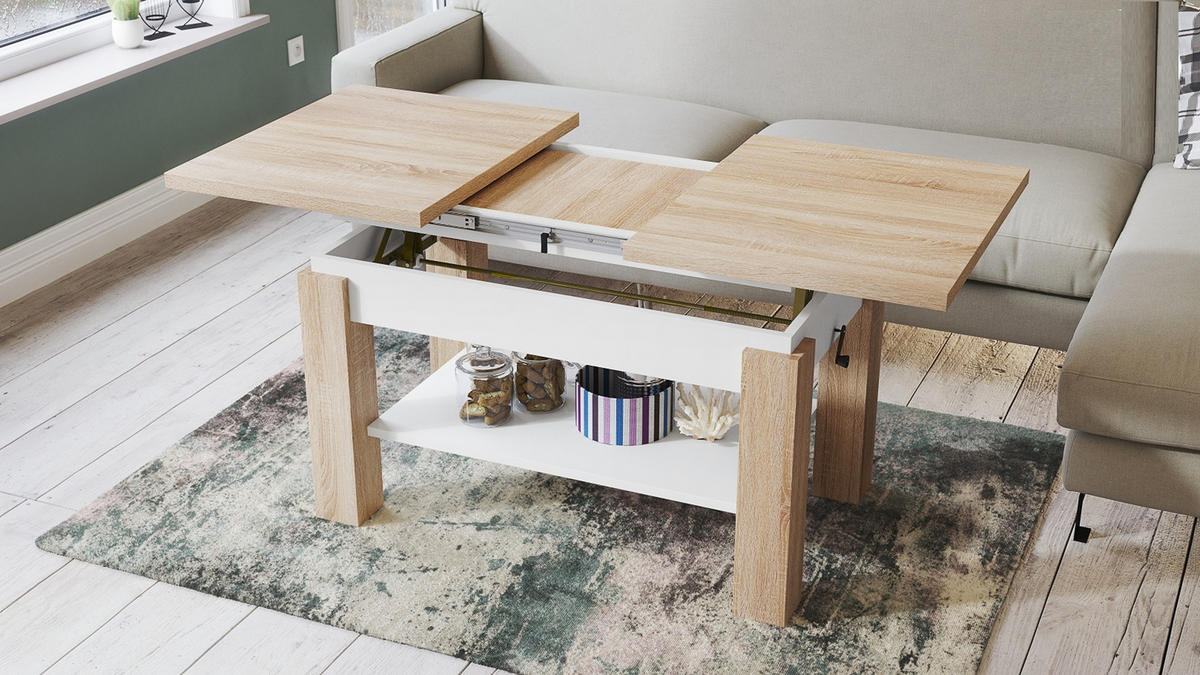COUCHTISCH rechteckig Sonoma Eiche - Weiß ausziehbar höhenverstellbar - Weiß/Sonoma Eiche, Holzwerkstoff (68/110/59cm) - designimpex