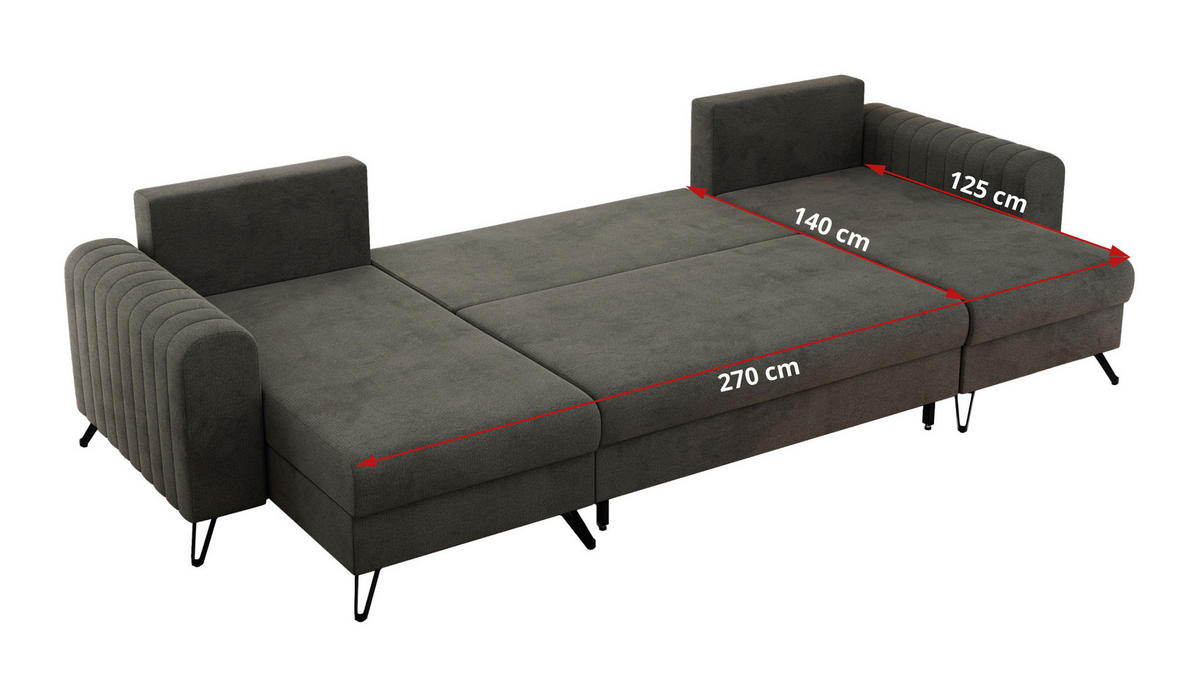 WOHNLANDSCHAFT AXEL U Velvet Dunkelgrau - Schwarz/Grau, Textil/Metall (312/90/140cm) - MKS