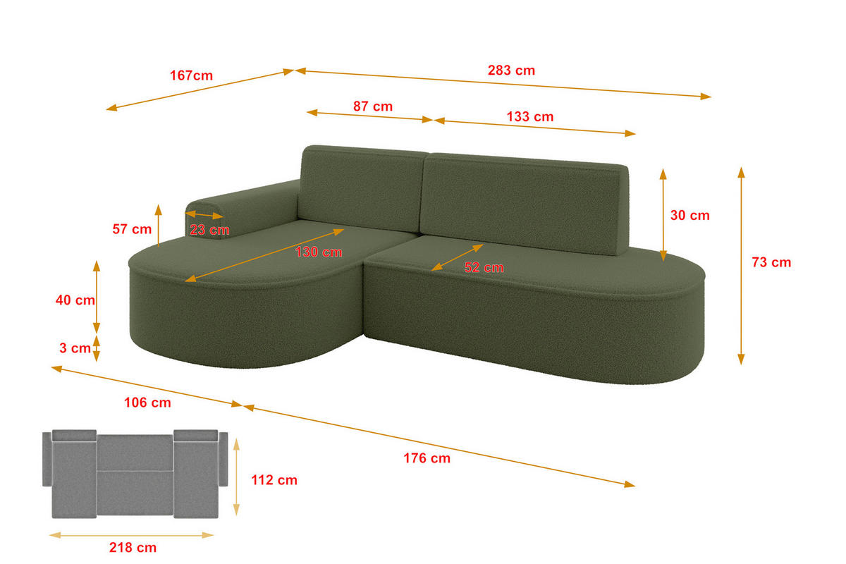 ECKSOFA mit Schlaffunktion und Bettkasten Ottomane Links MARI-L1-S - 283x167x73 cm Grün Bouclé - Schwarz/Grün, Holzwerkstoff/Kunststoff (283/167cm) - ALTDECOR