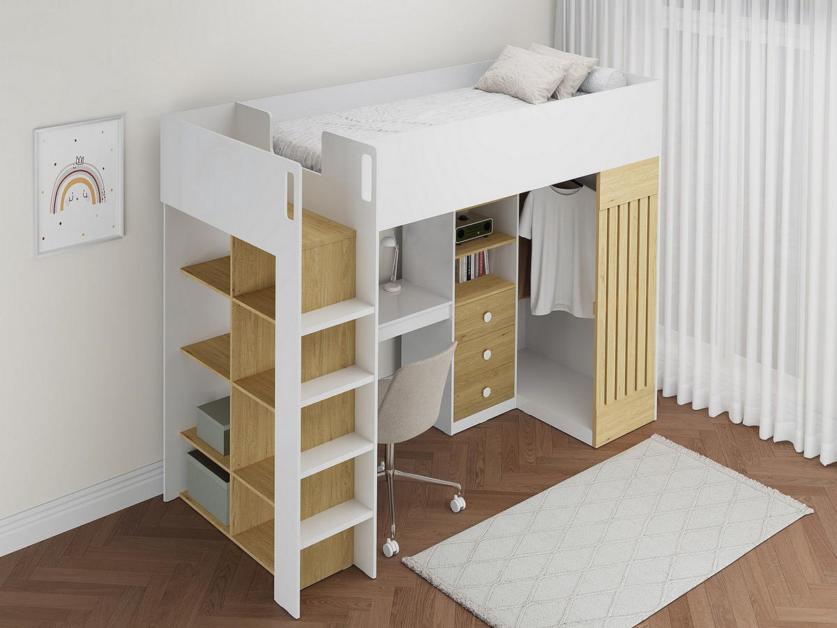 HOCHBETT mit Schreibtisch & Kleiderstange + Matratze - 90 x 190 cm - Weiß & Holzfarben - LORINTI - Naturfarben, Holz (108.5/235cm) - Vente-Unique