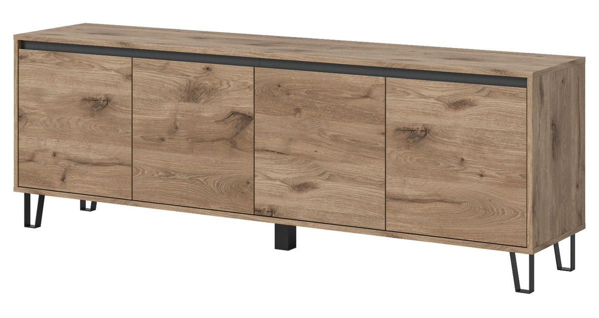 TV-LOWBOARD Eiche Viking 184 cm, Fernsehschrank in Komforthöhe mit Soft-Close - Eichefarben/Schwarz, Holz/Holzwerkstoff (184/64/40cm) - Inn.Furn
