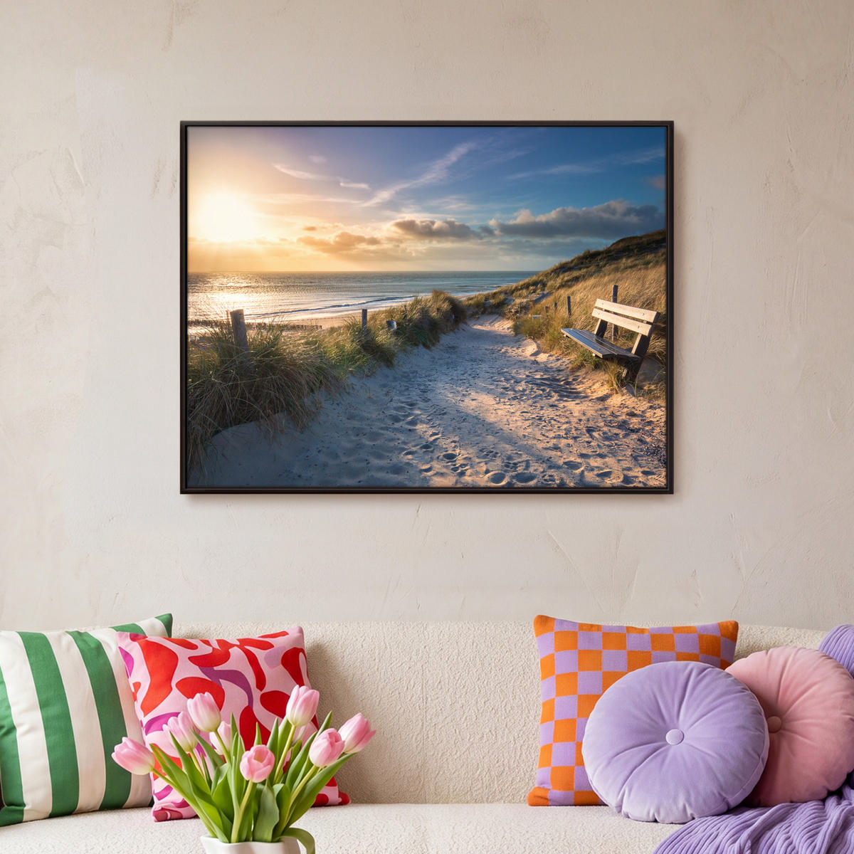 LEINWAND Bilder mit Rahmen - Sonnenuntergang - Strand - Düne - Gras - Ufer - 80x60 - Sandfarben, Textil (80/60cm) - MuchoWow