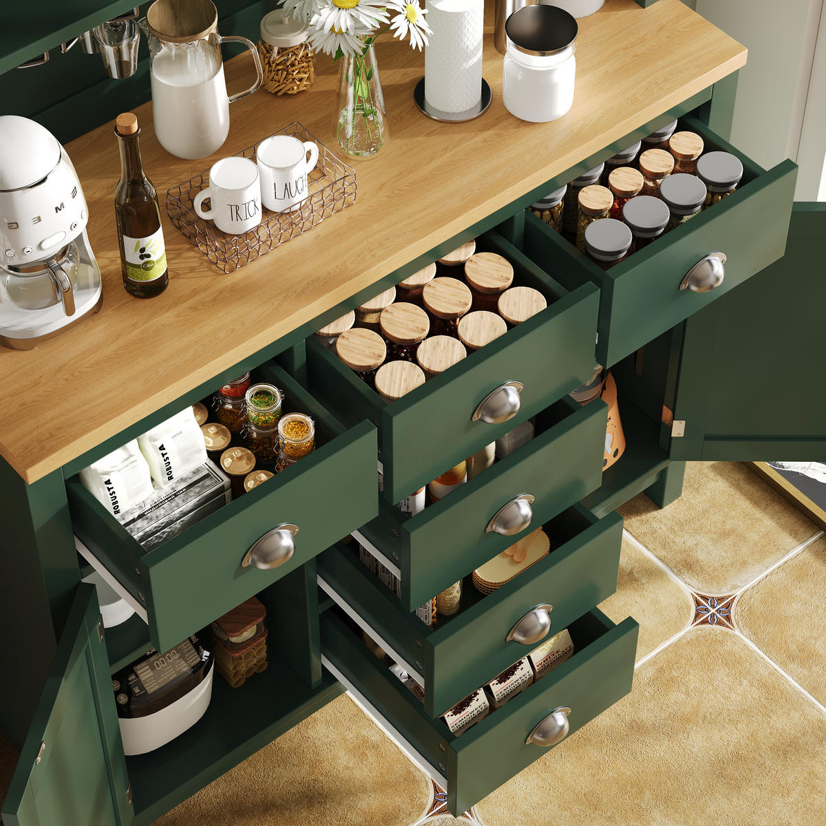 HIGHBOARD in Grün Küchenschrank mit LED-Lichtleiste und Schubladen für Küche und Wohnzimmer, B104/T40/H180 cm - Grün, Glas/Holzwerkstoff (104/180/40cm) - STILVORA