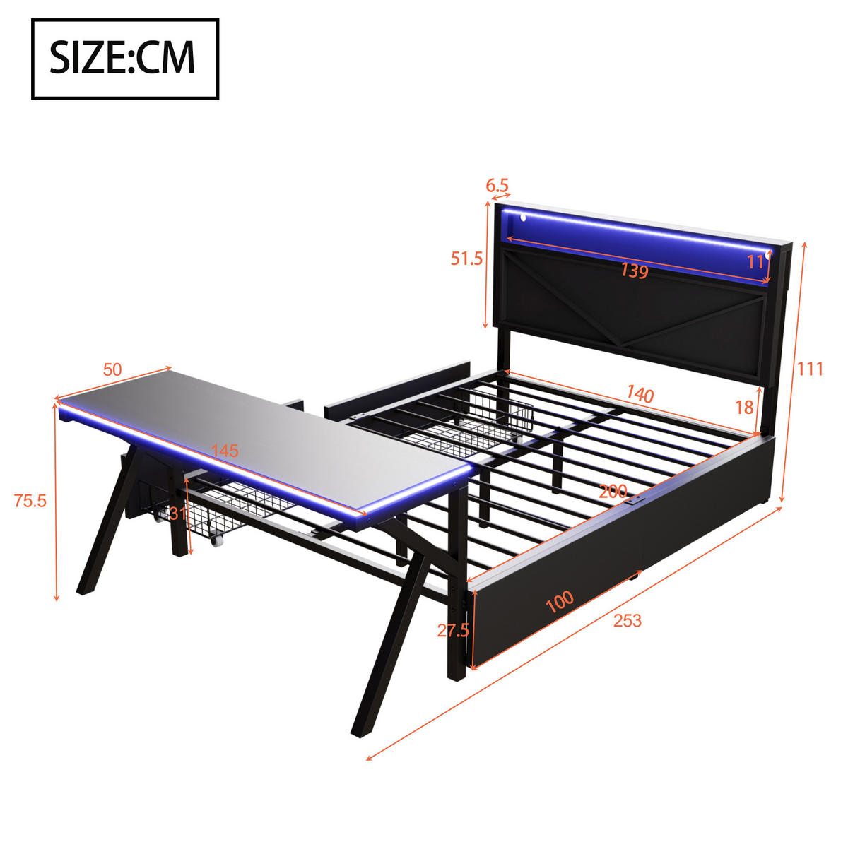 PATROVÁ postel 140/200 cm černá z MDF a kovu s LED čelem, LED stolem a zásuvkami - černá, kompozitní dřevo (140/200cm) - OKWISH