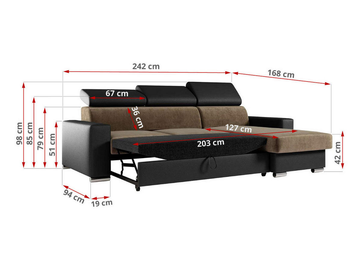 ECKSOFA FOX-L Braun/Schwarz - Silberfarben/Schwarz, Kunststoff/Textil (242/168cm) - MKS