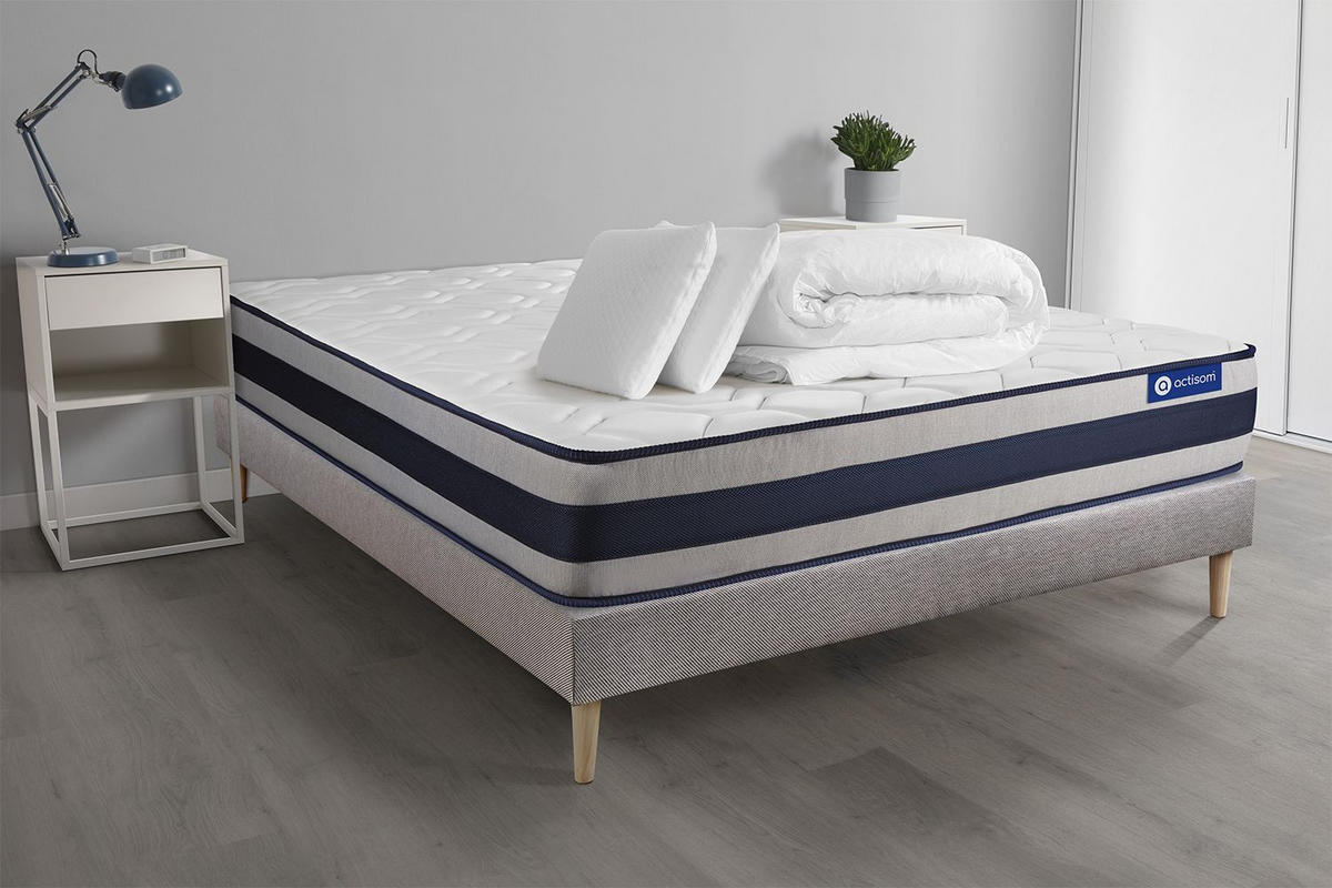 BETT Actimemo ergo Memory-Schaum 140 x 200 cm h3 - Kit Bettgestell Grau - Mit Kissen und Bettdecke - Beige/Grau, Holz/Textil (140/200cm) - ACTISOM