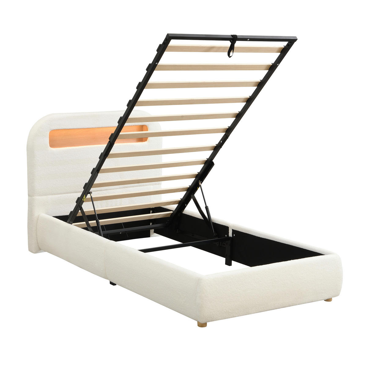POLSTERBETT 90/200 cm Weiß aus Bouclé mit Stauraum und LED-Beleuchtung - Weiß, Textil (90/200cm) - OKMYHOME