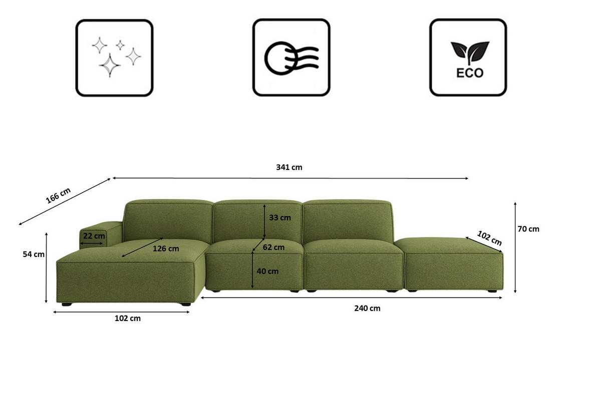 ECKSOFA Cursal L-Form, Stoff Artico, Moss + Hocker, Links - Grün, Holz (341/166cm) - Kaiser Möbel