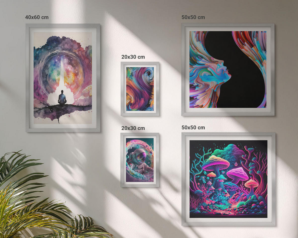 BILDER SET 5er Set - 50x50 cm & 20x30 cm & 40x60 cm Silberner Rahmen - Farbenfrohe Fantasy-Kunstillustrationen - Silberfarben, Kunststoff (40/60cm) - TULUP