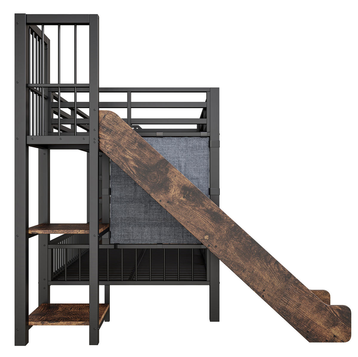 VISOKA postelja 90/200 cm črna z drsnikom in stopnicami za shranjevanje iz kovine in MDF - črna, leseni material (90/200cm) - OKWISH