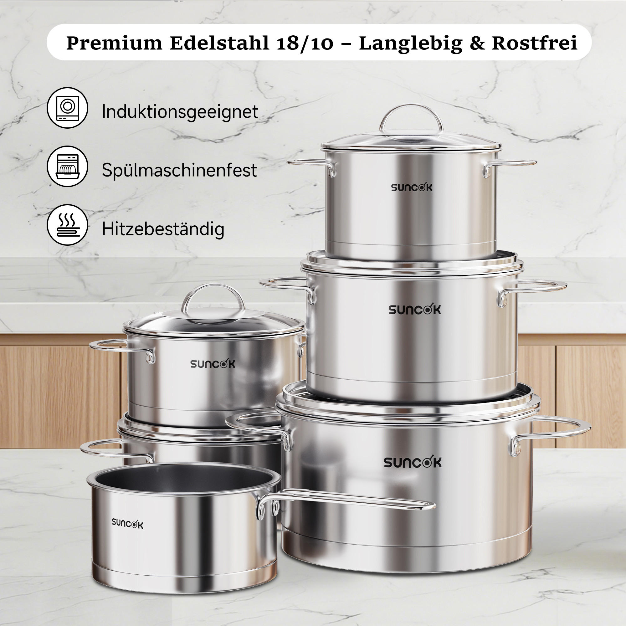 KOCHTOPFSET TG1 6-teilig - Silberfarben, Metall - SUNCOK